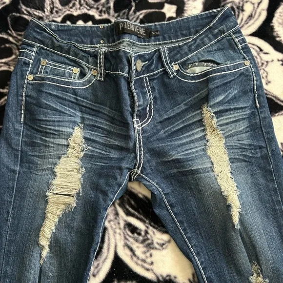 Premier Designs Blue Distressed Flare Jeans - Picture 2 of 6